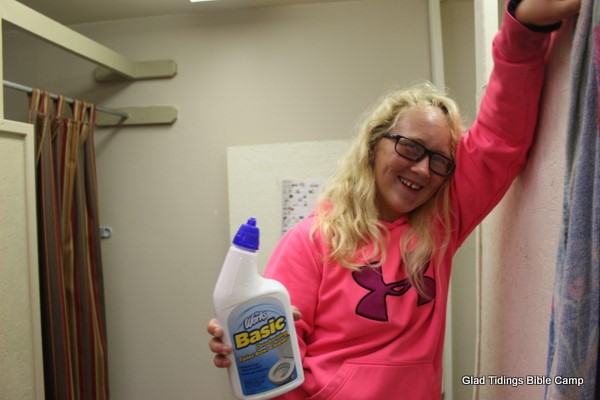 Camper cleaning in the retreat center bathrooms